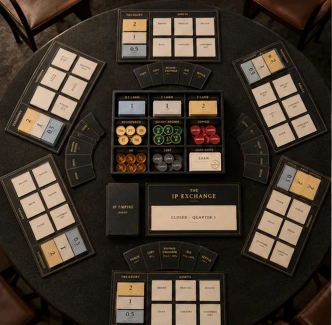 The IP Empire table: five company mats, the bank tray, the event deck and the IP Exchange board
